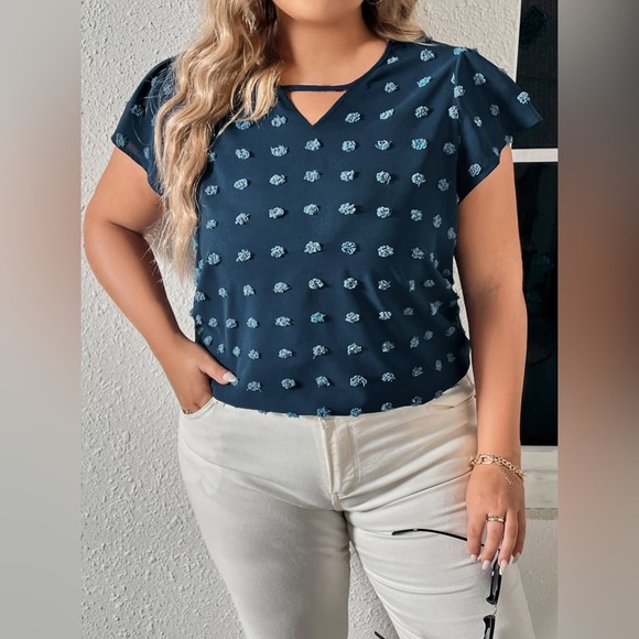 Plus Size Swiss Dot V-Neck Flutter Sleeve Tee Peacock Blue - Picture 2 of 6